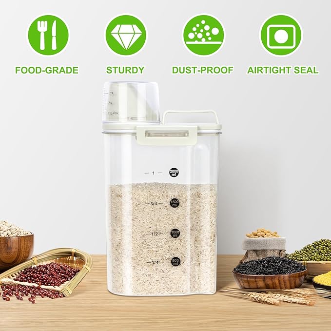 TBMax Rice Container, High Transparency PET Airtight Food Storage Container 2.64 Qt/4 Lbs, Kitchen Pantry Cereal Storage Container with Measuring Cup, Small Pet Cat Dog Food Container Dispenser -Beige-NeatNest