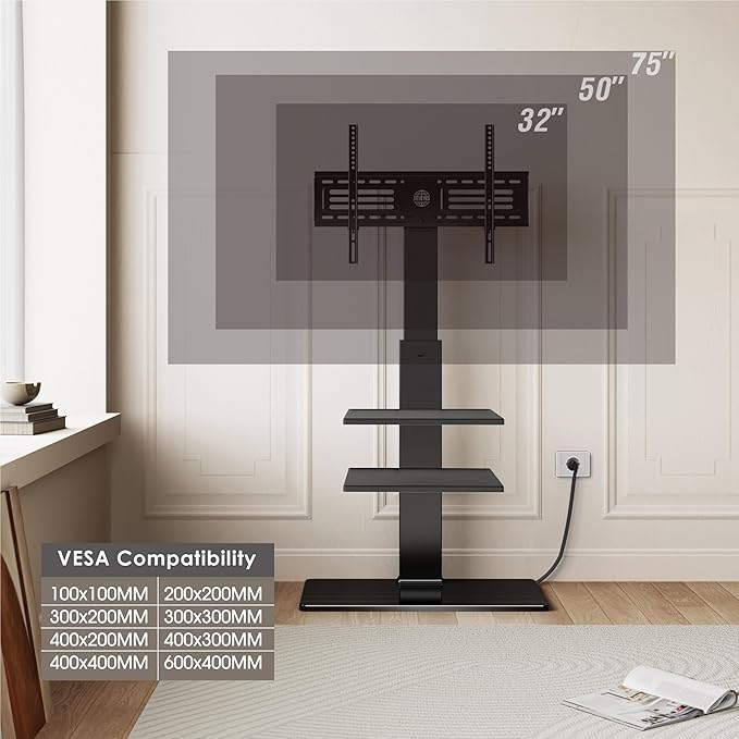 FITUEYES Floor TV Stand for 32-75 inch TV with Power Outlet, Tall TV Mount for Bedroom Living Room with Tempered Glass Base, TV Stand with Mount Holds Up to 88lbs MAX VESA 600x400mm,Black-NeatNest
