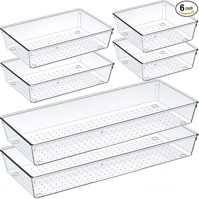 Criusia 6 Pcs Large Size Clear Drawer Organizer Set, Acrylic Non Slip Non Cracking Kitchen Drawer Storage Tray Divider, Multifunctional Storage for Cosmetics, Bathroom, Tools, Kitchen and Office-NeatNest