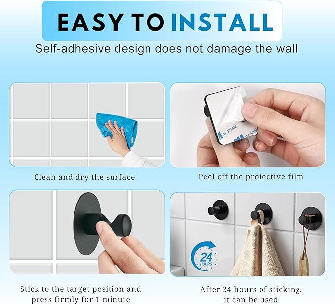 Adhesive Hooks for Hanging - 4 Packs, Sticky Hooks for Bathroom, Bedroom, Kitchen, Hotel, Office, Rust- restiant Adhesive Hook for Walls No Damage (Upto 15LBS)