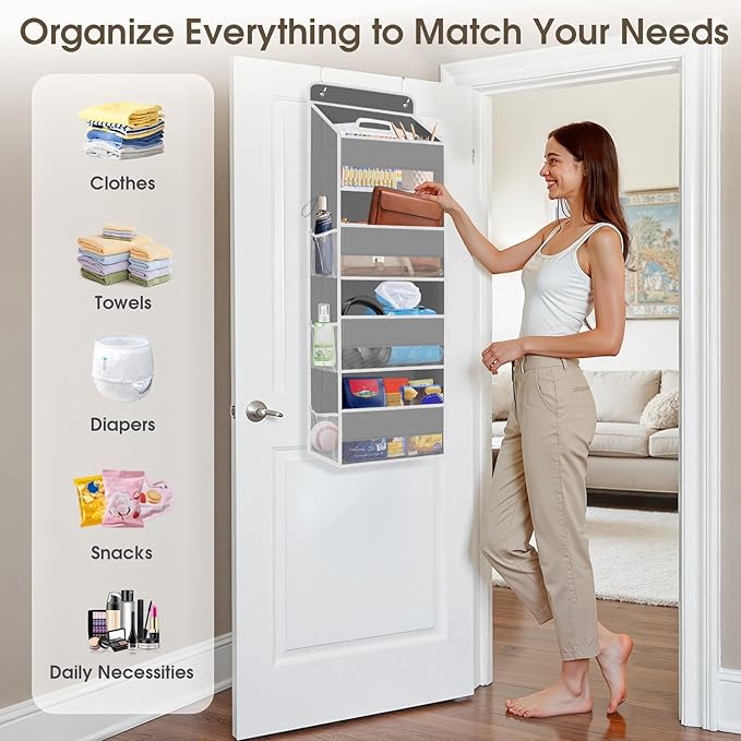 1 Pack Over The Door Organizer, Hanging Storage Organizer with Clear Window, 40lb Ultra Sturdy Large Capacity Room Organizer for Pantry Laundry Bathroom Nursery Closet Baby Essential (Grey)-NeatNest