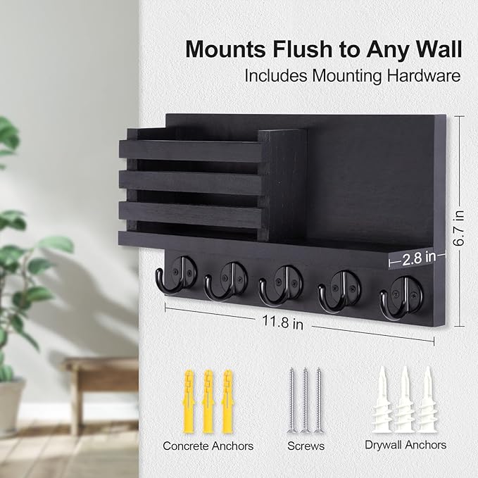 Key Holder for Wall – Decorative Wooden Mail Holder and Key Shelf with Mounting Hardware, Installation Guide – Paulownia Wood with 5 Metal Key Hooks (11.8” x 6.7” x 2.8”)