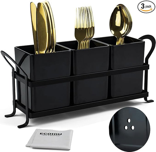 Cutlery Holder with Drain Holes, Dishwasher Safe Silverware Caddy for Party, Kitchen Counter, 3pcs Bins Set Countertop Utensil Holder for Spoons, Forks and Knives, Black-NeatNest
