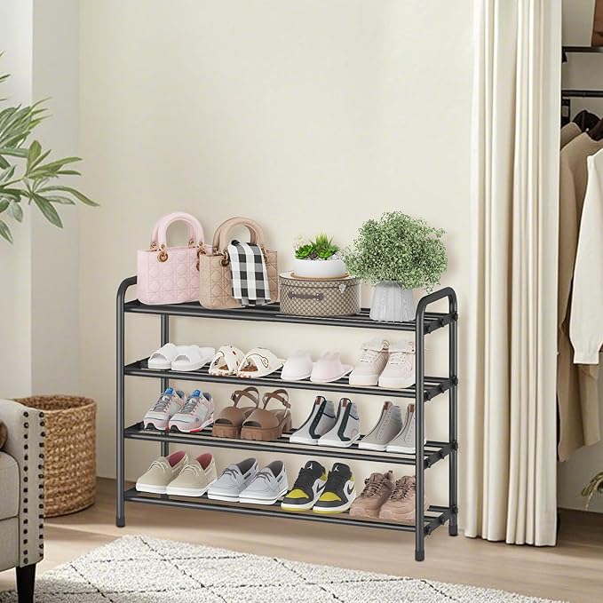 KANAV 4-Tier Expandable Shoe Rack – Adjustable Shoe Organizer & Shoe Storage for Closet, Entryway, and Front Door – Space-Saving Shoe Shelf and Rack Organizer for Home - Black-NeatNest