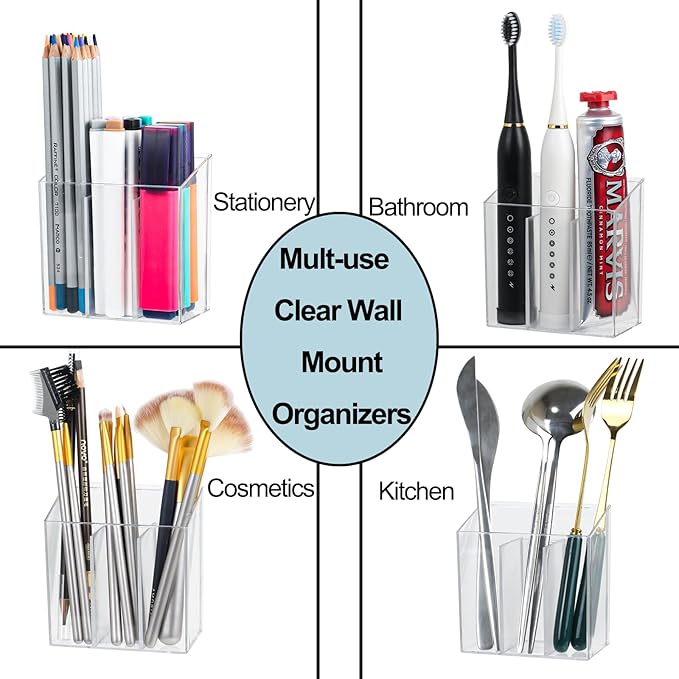 Wall Mounted Storage Organizer Bins Organizing Shelf Basket Clear Plastic Makeup Organizer Adhesive Hanging Bin Fridge Organizer for Bathroom,Kitchen,Cabinet,Pantry,Countertops (3.7×2.6×3.9")-NeatNest