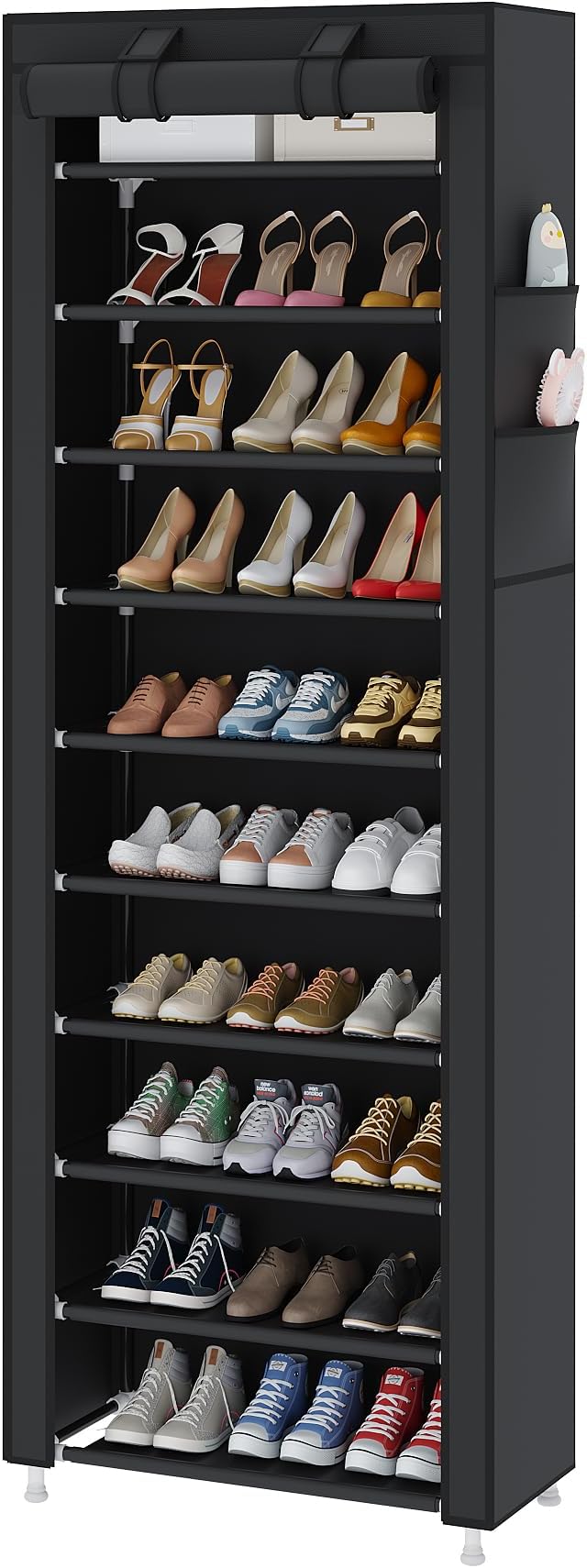 UDEAR 10-Tier Free Standing Shoe Rack Sturdy Shoe Rack Organizer for Closet Entryway Stackable Shoe Shelf with Dustproof Cover,Black-NeatNest
