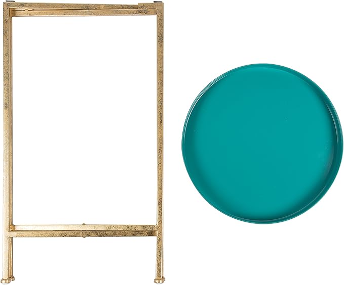 Kate and Laurel Celia Round Metal Foldable Tray Accent Table, Teal with Gold Base