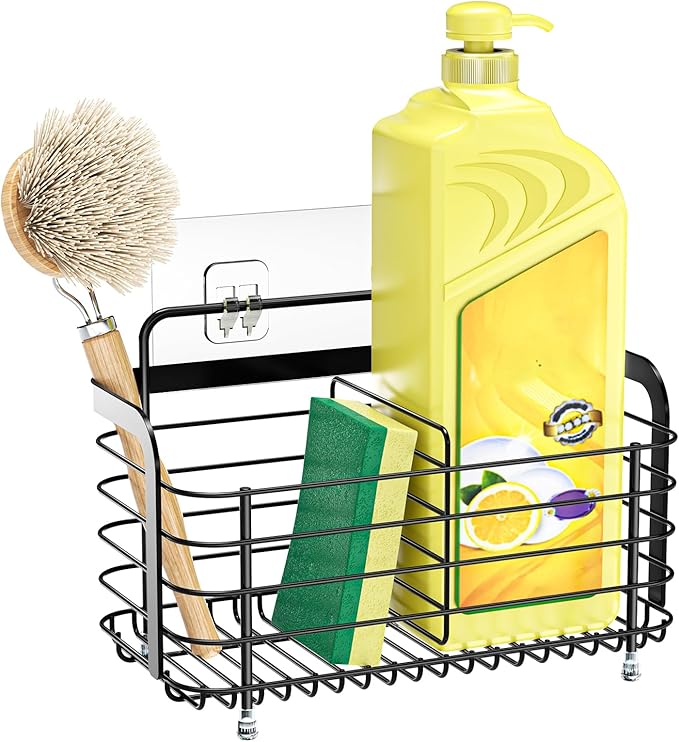 Black Kitchen Sink Caddy Organzier, Sponge Holder for Kitchen Sink, Metal High Brush Holder, Dish Sponge Holder Basket for Sponges, Scrubbers, Dish Soap Bottles Wall Mounted/Countertop-NeatNest