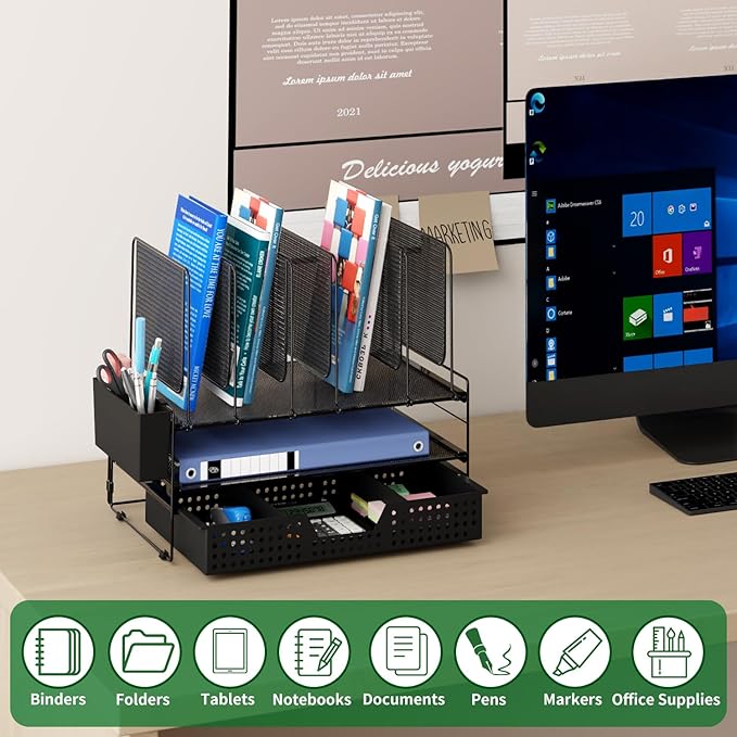 Desk Organizer, Office Organization with Vertical File Holder, File Organizer with Drawer and Pen Holder, Desk Accessories and Workspace Organizers for Home Office (Black)-NeatNest