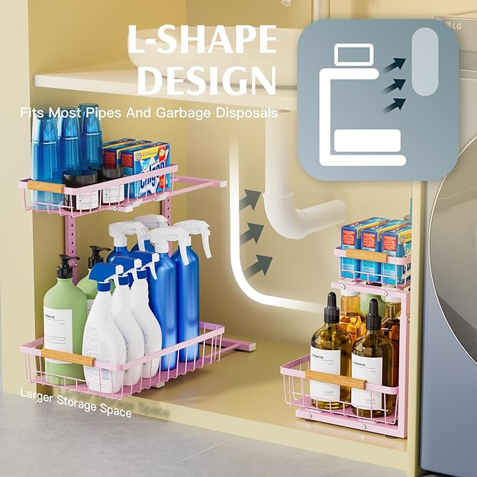Under Sink Organizers, 2 Pack Kitchen Bathroom cabinet organizer, 2 Tier under bathroom kitchen sink organizer, Height Adjustable Bathroom Organizers and Storage, Pink-NeatNest