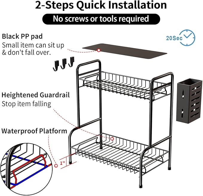 Bathroom Countertop Organizer With Toiletries Basket, 2 Tier Bathroom Counter Storage Rack with Adjustable Feetpad, No-Screw Caddy Stand for Vanity, Sturdy Metal Wire Black, Medium 12.8''L x 7.2''W