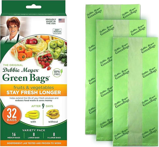 Debbie Meyer, GreenBags 32-Pack (16M, 8L, 8XL) | Reusable Storage Bags Keeps Fruit, Vegetables, Produce, Cut Flowers Fresh Longer, Kitchen & Fridge Preservation Solution, BPA Free, Made in the USA-NeatNest
