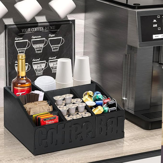 Coffee Bar Organizer for Accessories, Wood Station for Countertop, Farmhouse Pod Syrup Holder, Condiment Organizer for Decor (Black)-NeatNest