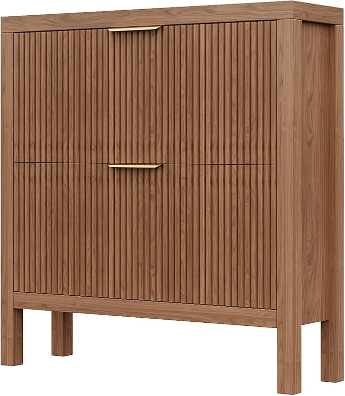 Modern 2-Tier Flip Drawer Shoe Cabinet, Freestanding Hidden Slim Narrow Shoe Rack Cabinet, Wooden Large Capacity Shoe Storage Cabinet Shoe Organizer, for Entryway, Hallway, Walnut-NeatNest