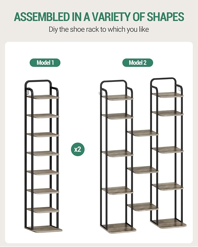 8 Tiers Vertical Shoe Rack, Narrow Shoe Tower, Tall Shoes Shelf with 2 Hooks, Adjustable Shelves, Corner Shoes Shelves for Small Spaces, Entryway, Living Room, Greige SR04305B-NeatNest