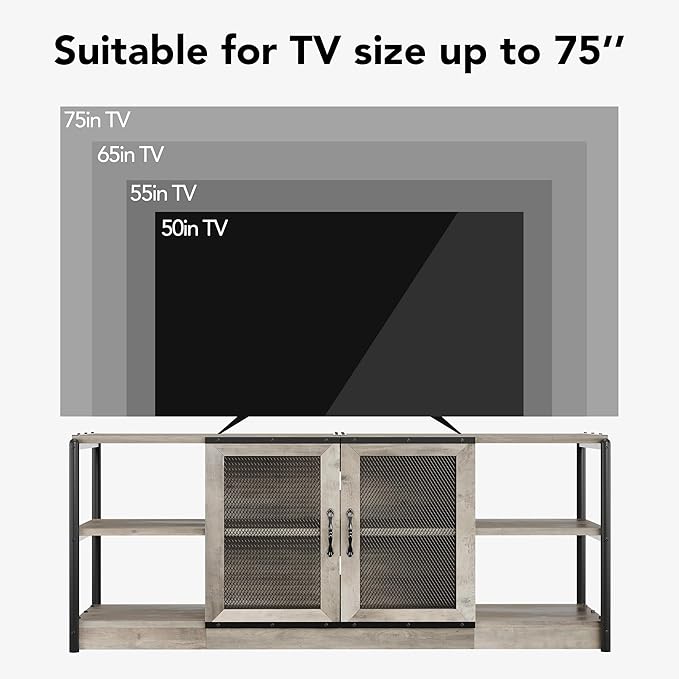 CABIHOME Farmhouse TV Stand for 65/75 Inch TVs, Entertainment Center with Storage Cabinet and Mesh Doors, Industrial Media Console Table, Furniture for Living Room, Light Grey-NeatNest