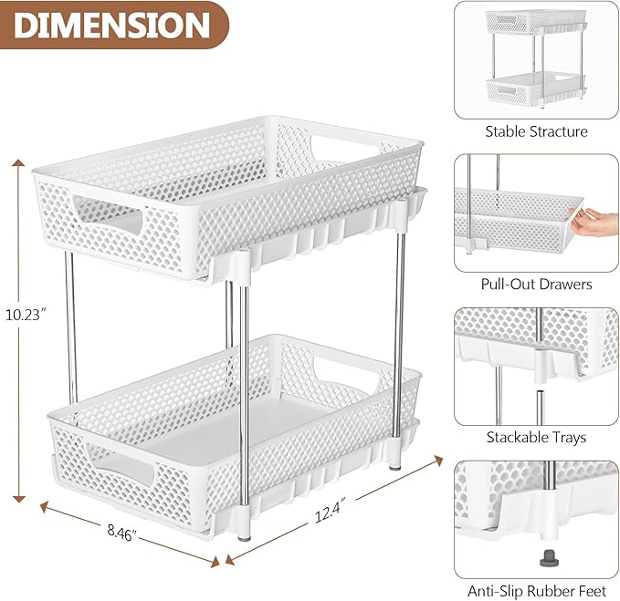 2 Pack Pull Out Bathroom Organizers and Storage, 2 Tier Stackable Under Sink Storage Organizer for Bathroom, Kitchen Cabinet, Pantry, and Medicine Holder, Organization and Storage - White-NeatNest