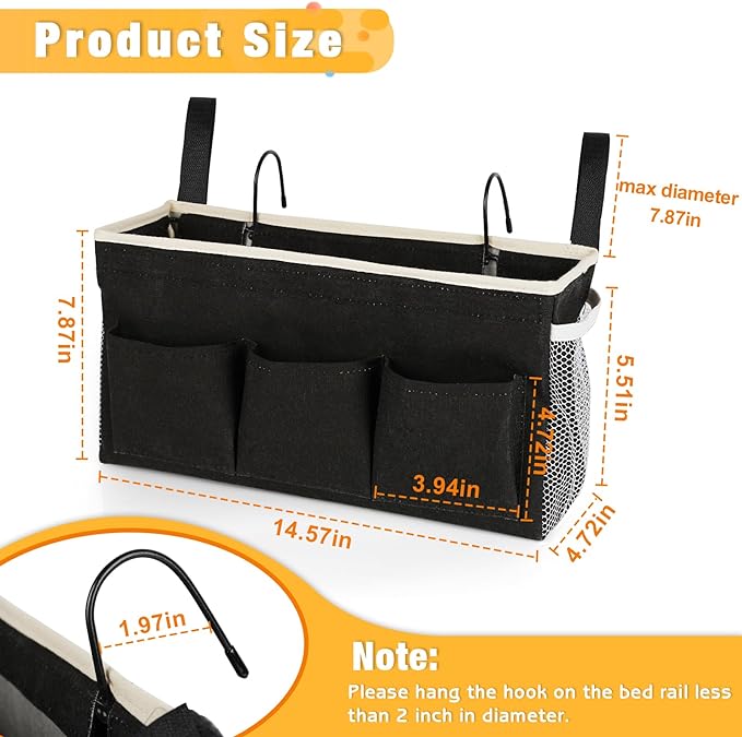 Bedside Caddy Bedside Organizer Bedside Storage Caddy with Fixed Straps and Water Bottle Holder for Home College Dorm Bunk Bed Hospital Bed Crib Bed Rails (Black)-NeatNest