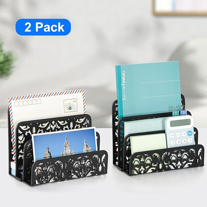 EasyPAG Desk Mail Organizer 2 Pack Office Small Letter Sorter Desktop File Organizer with 3 Vertical Upright Compartments, Black
