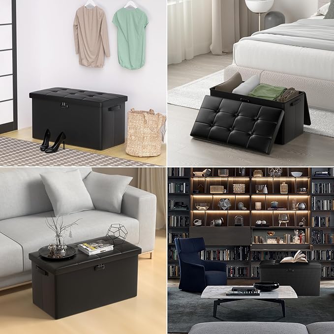 DocSafe Storage Ottoman Bench with Lock,Fireproof 30 Inches Folding Bench Foot Rest Stool Storage Chest Safe for Living Room,Bedroom,Home Office,Waterproof Leather Ottoman with Handles,Black-NeatNest