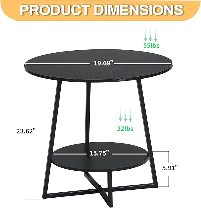D&H FURNIMMT 20" Living Room Side Table Set of 2 for Small Spaces, 2 Tier Wood Top Round End Tables with Storage Shelf, Accent Sofa Table for Bedroom, Office, Sunroom, Balcony, Black-NeatNest