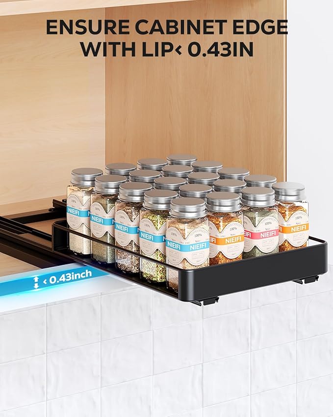 Nieifi Spice Rack Organizer for Cabinet, Vertical Spice Rack Pull Out, Easy to Install, Metal, 8.5''Wx10.35''Dx2.3''H, 2 Pack, 1 Tiers(Black)
