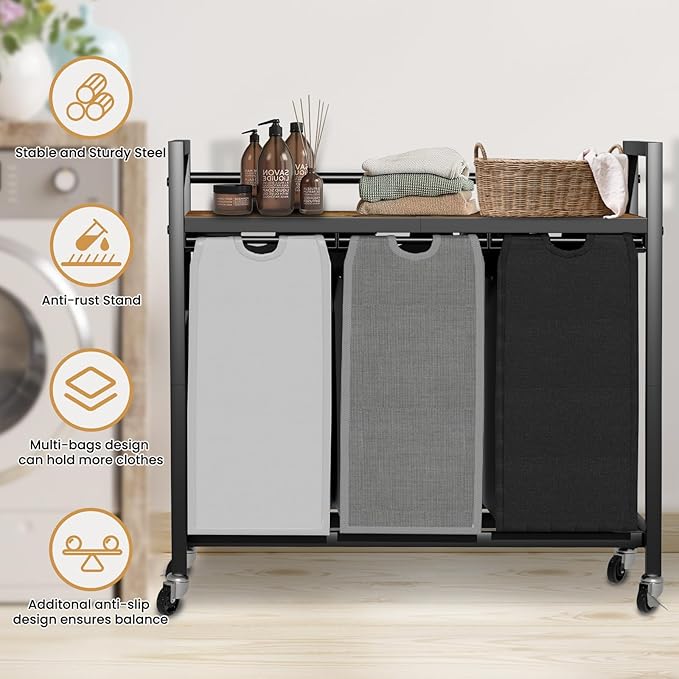 Laundry Hamper, Laundry Basket, Laundry Sorter with 3 Removable Bags, Clothes Basket with 3 Compartments, Wheels, Shelf for Laundry Room Bathroom Bedroom (3 Bags-Black Grey White)-NeatNest