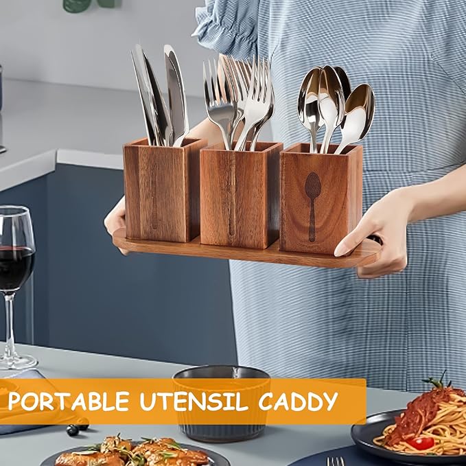 3Pcs Silverware Caddy for Patry, Utensil Holder for Countertop, Silverware Holder Flatware Organizers with tray, Portable Organizer with Wood Tray, Spoon and Fork Holder (Acacia mangium)-NeatNest
