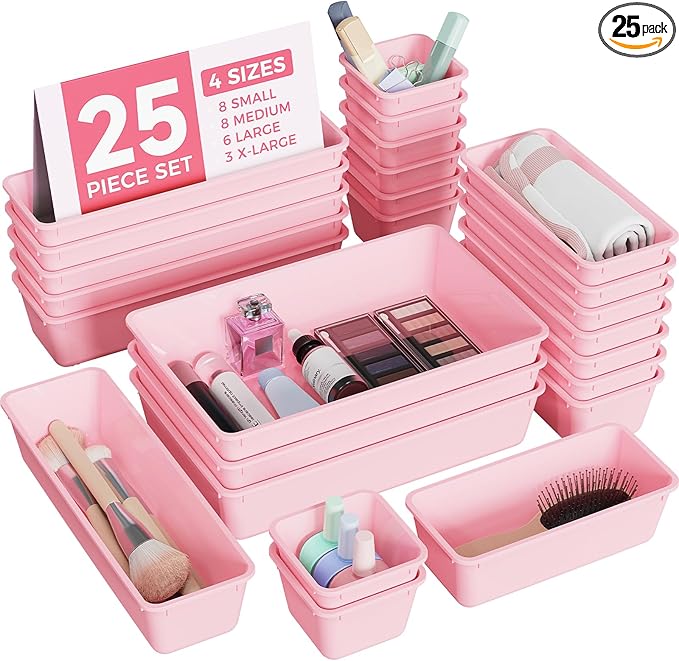 25 PCS Plastic Drawer Organizers Set, 4-Sizes Vanity and Makeup Organizer, Desk and bathroom Drawer Organizer Trays, Organizers and Storage for Makeup, Jewelry, Gadgets, Utensils (Pink)-NeatNest