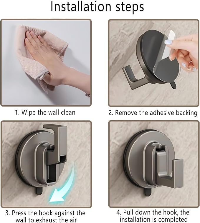 Aluminum Metal Heavy-Duty Suction Cup Bathroom Towel Hook Door Mounted Clothes Hook Wardrobe Sticky Hook no Drilling no Damage to The Wood Board Removable (Grey 2 Pack)