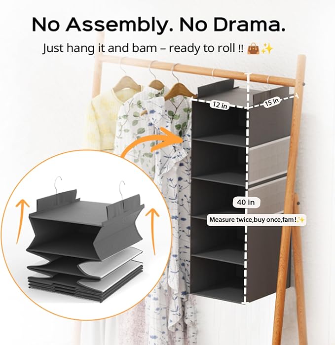 Extra Deep Hanging Closet Organizer with Shelves and Oversized Mesh Pockets, Heavy-Duty Structure, No Deformation, Max Storage for Clothes, Shoes, Hats, Dorms and RVs,1-Pack (Grey, 5 Tier)-NeatNest