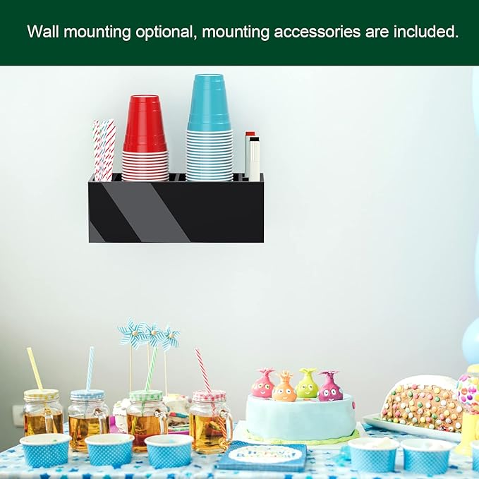 Double Cup Holder with Marker Slot, Party Cup Dispenser Acrylic Cup Organizer Mark Your Cup and Drink Up Caddy Modern Bar Counter Decor, Black-NeatNest