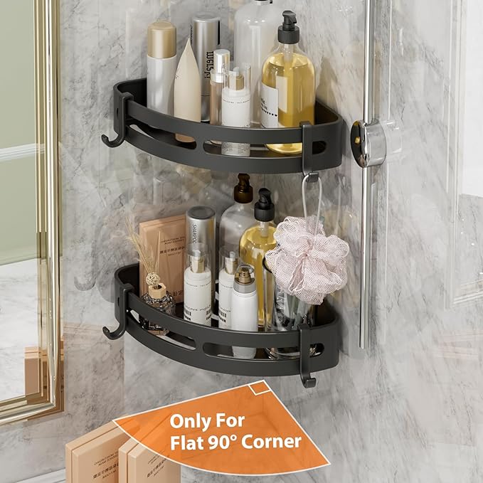 Adhesive Shower Corner Caddy,2-Pack Heavy Duty Shower Corner Shelves Rack with 8 Hooks and 1 Towel Bar,Rustproof Bathroom Organizer No Drilling Wall Mounted