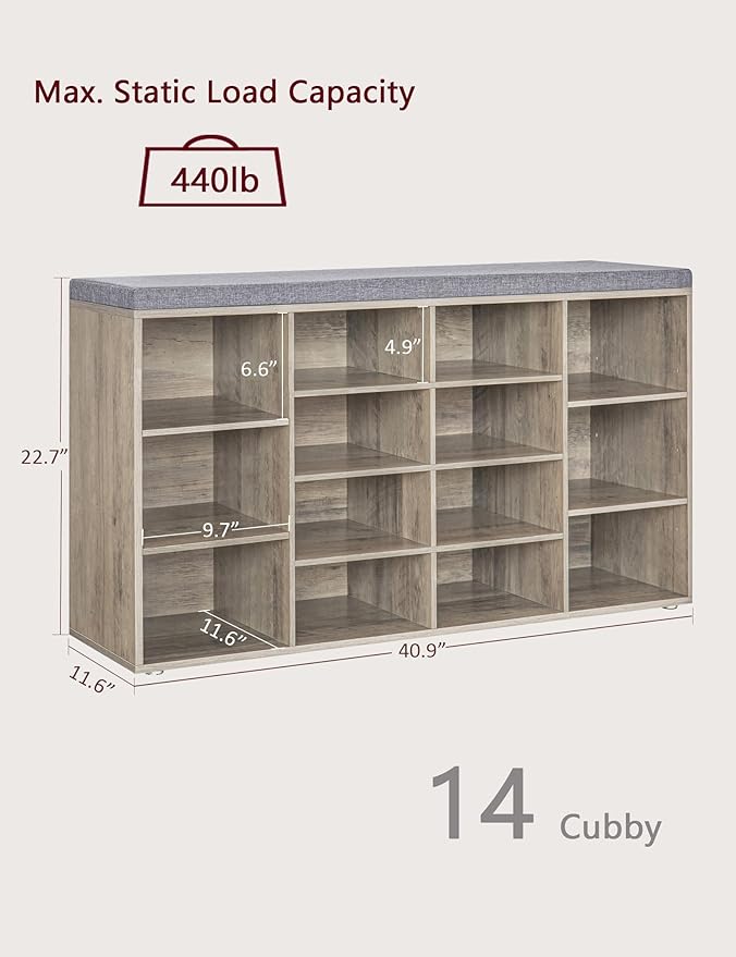 DINZI LVJ Shoe Storage Bench with Cushion, 14-Cubby Shoe Rack, Adjustable Shelves, Multifunctional Shoe Organizer Bench for Entryway, Mudroom, Hallway, Living Room, Bedroom and Garage, Greige-NeatNest