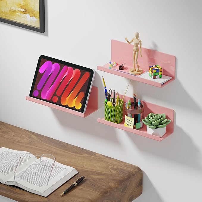 Adhesive Floating Shelves for Wall No Drilling, 12 Inch Acrylic Self Adhesive Shelves, Stick on Shelves, Dorm Wall Shelf, for Bathroom, Kitchen, Bedroom, Office, Gaming Room, Pink