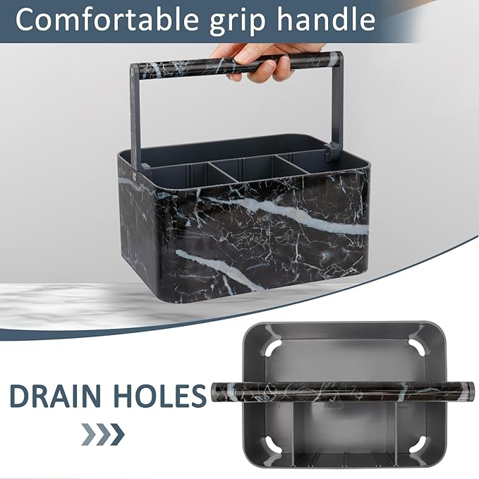 Plastic Shower Caddy Dorm: Portable Bathroom Caddy Organizer for College with Handle and Adjustable Divider, Utility Hard Shower Basket Bin Tote for Toiletry,Shampoo,Soap,Cleaning Product Black