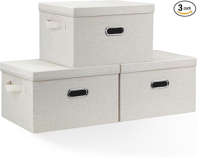 Bellzacasa Collapsible Storage Bins with Lids, 3 Pack Linen Fabric Foldable Storage Bin Cube with Handles, Toy Storage Baskets Box Closet Organizers and Storage Containers, Beige, 14.6x10.5x8.5