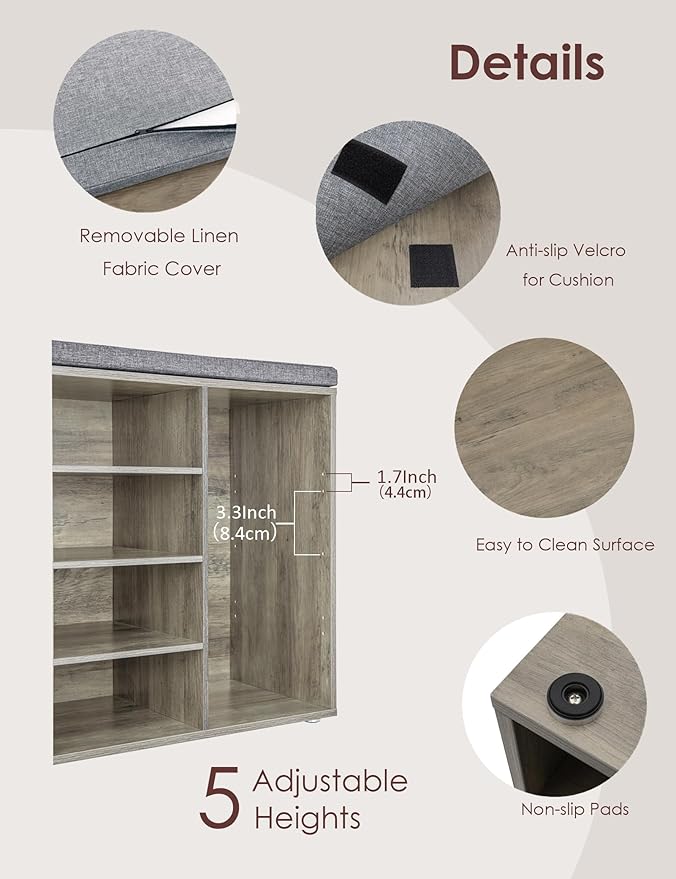 DINZI LVJ Shoe Storage Bench with Cushion, 14-Cubby Shoe Rack, Adjustable Shelves, Multifunctional Shoe Organizer Bench for Entryway, Mudroom, Hallway, Living Room, Bedroom and Garage, Gray Wash-NeatNest