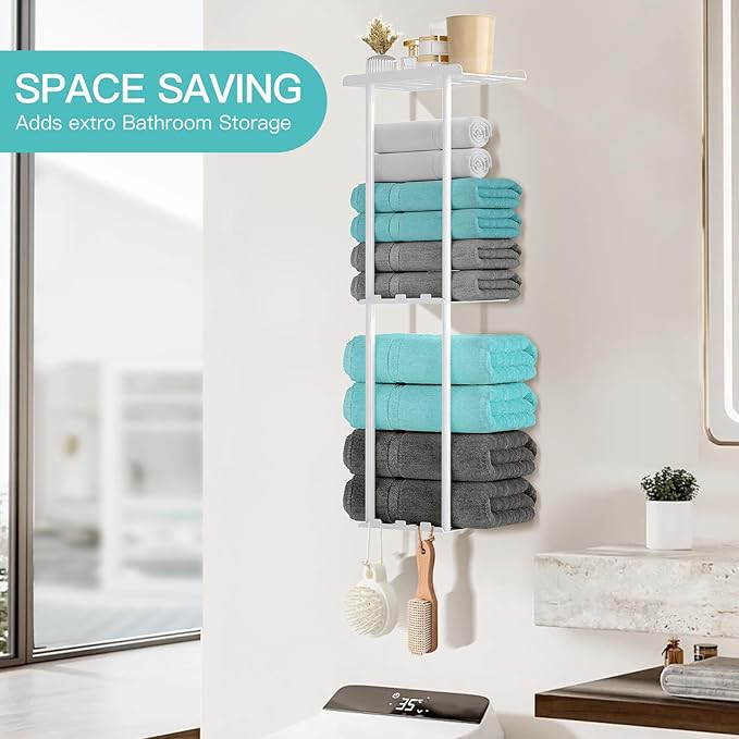 Towel Racks for Bathroom, 3 Tier Metal Towel Holder, with Shelf & 6 Hooks, 29 inch Wall Mounted Towel Storage, 6 Large Bath Towels Capacity,Small Bathroom Towel Rack for Rolled Towels, White