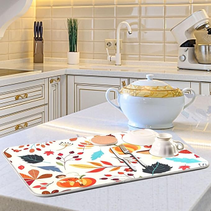 Absorbent Dish Drying Mat Autumn Pumpkins Fall Leaves Thanksgiving Day Kitchen Counter Mat Protector,Reversible,Medium 18 x 16 Inches