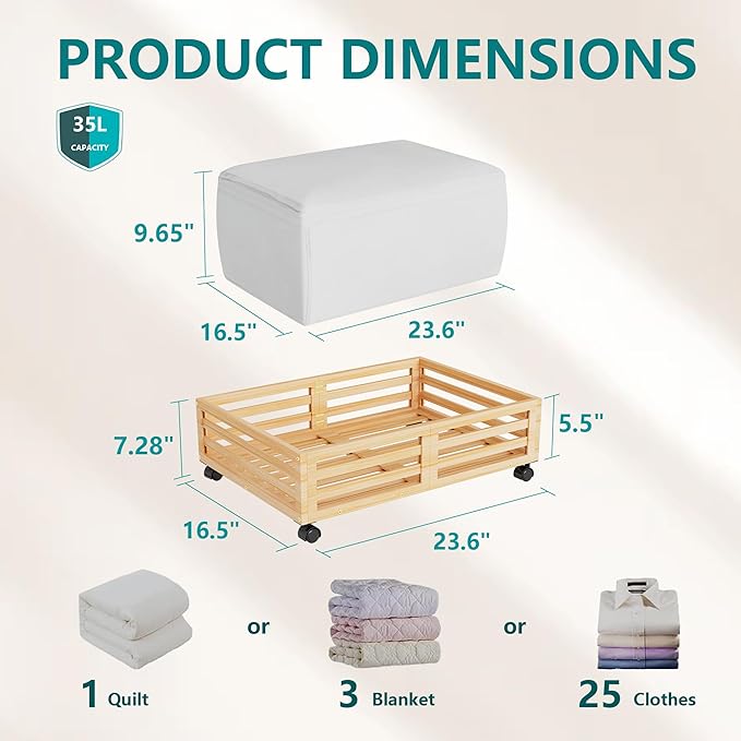 Bamboo Under Bed Storage Containers- Underbed Organizer with Wheels with Large Capacity Dust Bag,Sturdy Wood Rolling Under Bed Shoe Storage Organizer 2 Packs (Nature, 2 Packs (23.62"×16.54"))-NeatNest