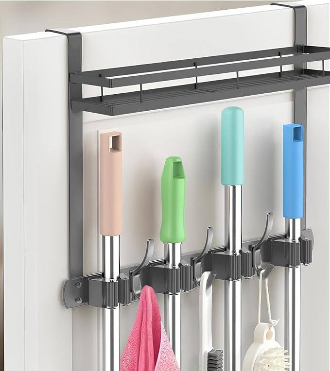 Broom Holder Over The Door Over Door Broom and Mop Rack Over The Door Hooks Organizer With4 Slots & 3 Hooks 1 Storage Basket For Laundry Room, Garage, Closet, Kitchen Decor (grey)