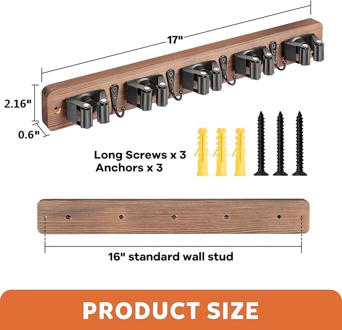 IMILLET Broom Holder Wall Mount, Rustic Wood Broom Hanger with 5 Racks and 4 Hooks, Laundry Room Organization and Storage, Mop Holder for Home Decor, Garden, Garage, Kitchen, Closet-NeatNest