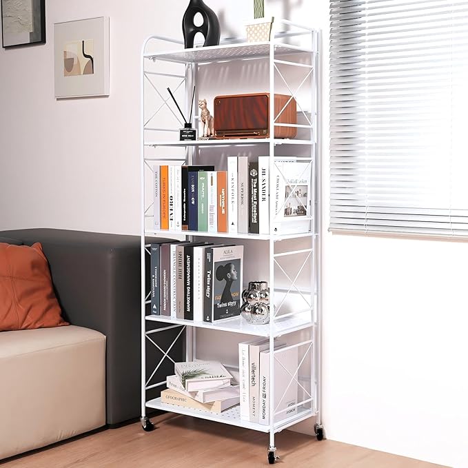 Foldable 4-Tier Metal Shelf with Wheels - Folding Bookshelf Unit for Living Room, Kitchen, Study 12.6" D x 23.6" W x 46.8" H, Glossy White