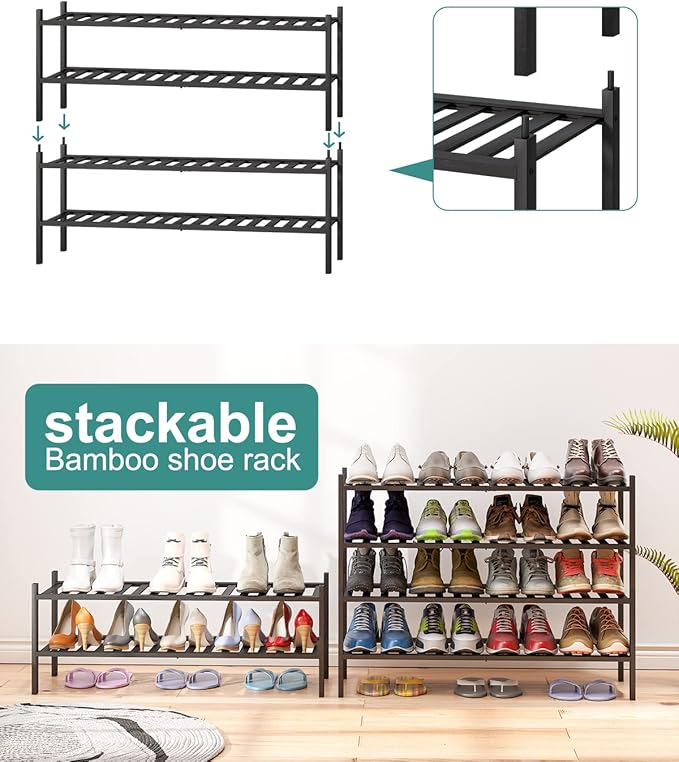 Black Shoe Rack, 2-Tier Long Shoe Rack for Entryway, Bamboo Wood Shoe Shelf for Closet & Hallway, Long 33IN | Beautiful | Functional | Sturdy | Durable-NeatNest