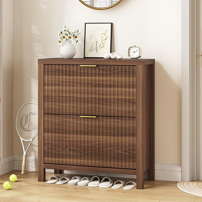 Shoe Cabinet Storage for Entryway, Fluted Shoe Cabinet with 2 Flip Drawers, Hidden Shoe Rack Tall Freestanding Shoe Organizer with Legs for Hallway, Walnut-NeatNest