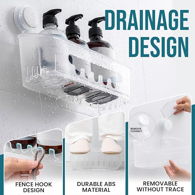 TAILI Shower Caddy Suction Cup 2 Pack, Heavy Duty Bathroom Organizer, Removable Shelves for Inside Shower, Shampoo, Waterproof Suction Plastic Storage for Bathroom Accessories Holder, Frosted Clear