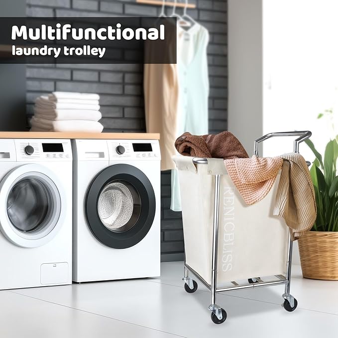 Laundry Cart with Wheels, Rolling Laundry Hamper with Wheels and Handle, Large Dirty Clothes Hamper for Laundry Heavy Duty, Beige