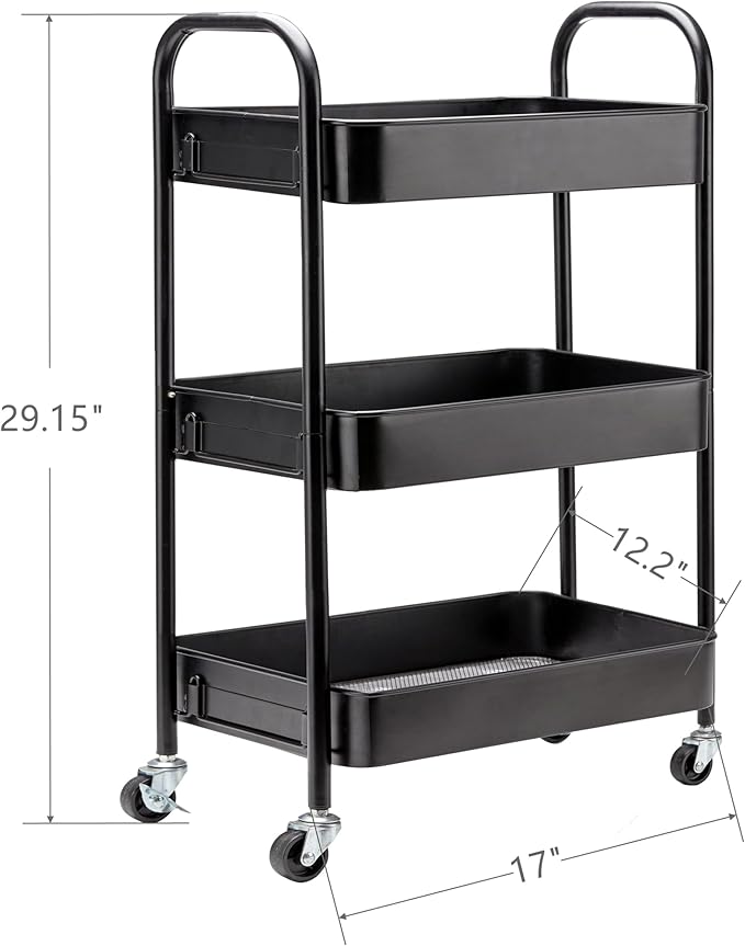 SETTFRFE 3 Tier Rolling Cart Metal,File and Art Cart with Wheels,Storage Shelf Organizer Cart for Bathroom,Office,Kitchen,Black-NeatNest