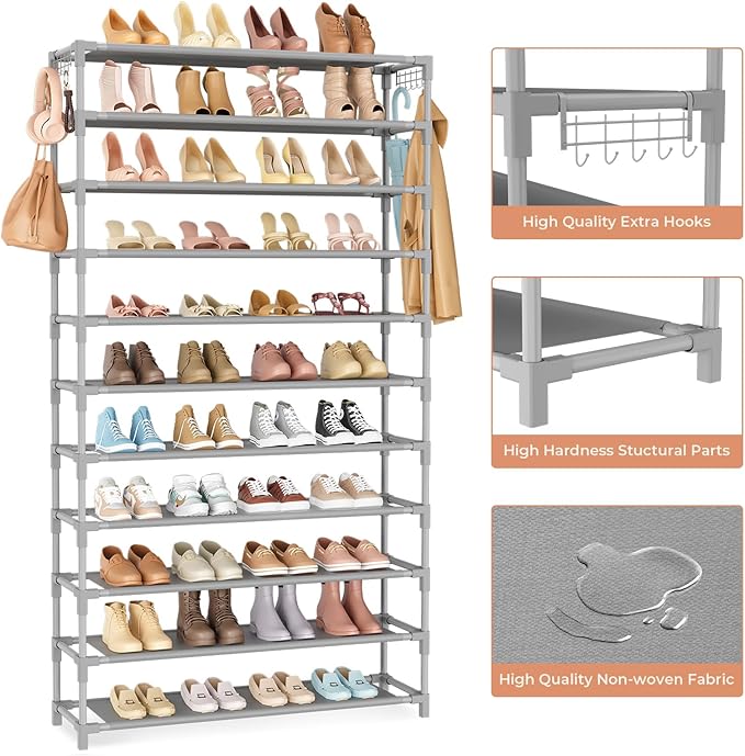 11 Tiers Tall Wide Shoe Rack 55 Pairs Large Capacity Sturdy Durable Shoe Rack for Closet Metal Shoe Organizer Shelf with Two Hooks Space Saving for Entryway Grey-NeatNest
